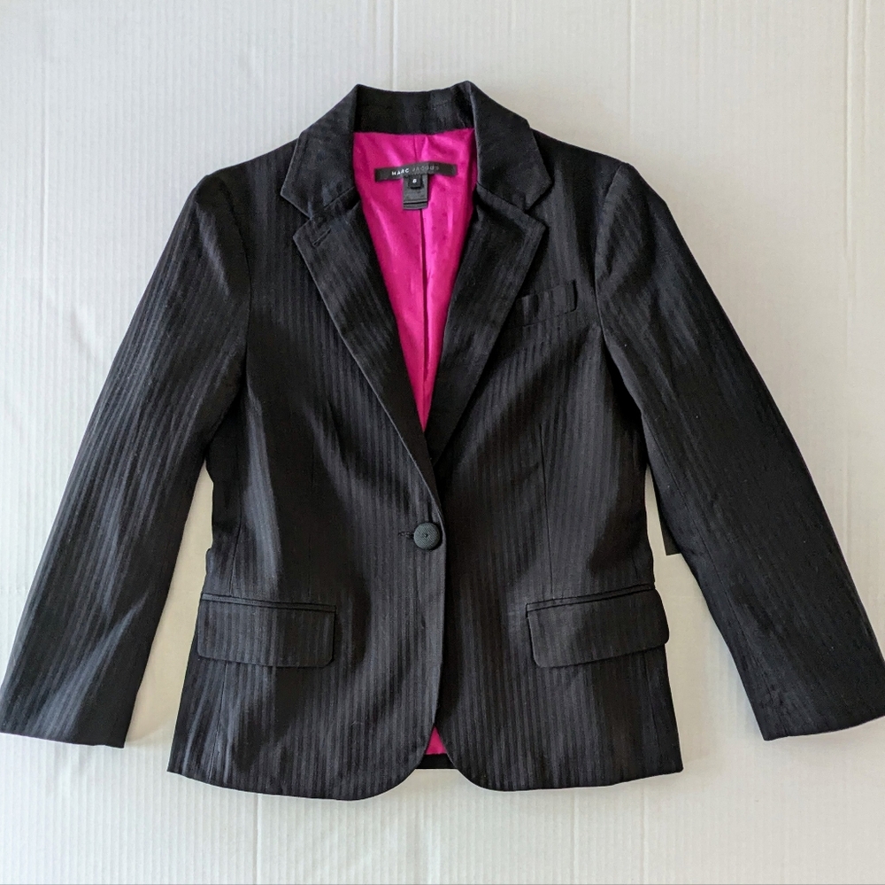 Black Pinstripe Women's Blazer with Pink Lining